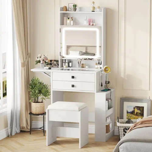 Vista 8 de Vabches Escritorio pequeño de maquillaje, 3 espejos iluminados ajustables, juego de tocador blanco, panel plegable, estación de carga, parte