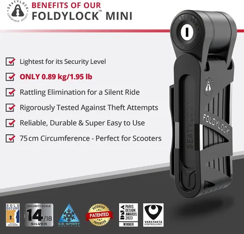 Vista 2 de Seatylock FoldyLock Mini Candado Plegable para Bicicleta - Candado de Bicicleta Ligero Patentado de Servicio Pesado - Protector Antirrobo con Llave