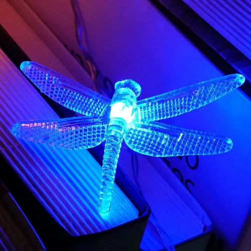 Vista 4 de GONIMY Tira de luces solares de libélula, 30 LED, 21 pies, 8 modos, impermeable, para exteriores, cristal, libélula de hada, iluminación (azul azul)