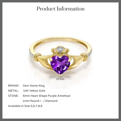 Vista 82 de Gem Stone King Anillo de compromiso claddagh celta irlandés de oro amarillo de 10 quilates con piedra preciosa en forma de corazón de 0.236 in