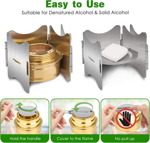 Vista 2 de Estufa de alcohol, estufa de camping con cubierta de estufa, estufa individual de acero inoxidable resistente al viento, adecuada para acampar al