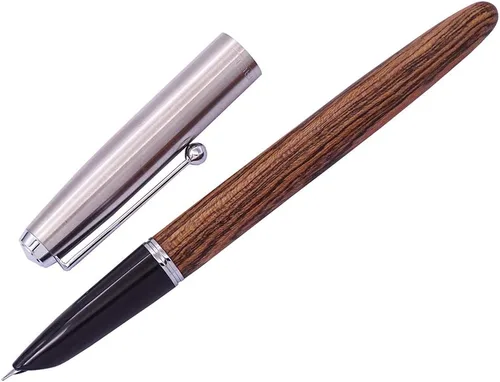 Vista 4 de Pluma estilográfica retro Jinhao de madera Tiger-Texture-Wood de acero inoxidable tapón extra fino 0.015 in suave tinta bolígrafo