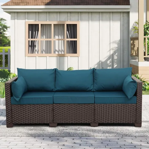 Vista 12 de Rattan Star Muebles de exterior, sofá de 3 plazas, sofá de mimbre marrón para exteriores, asiento profundo, respaldo alto, sofá de patio con cojines