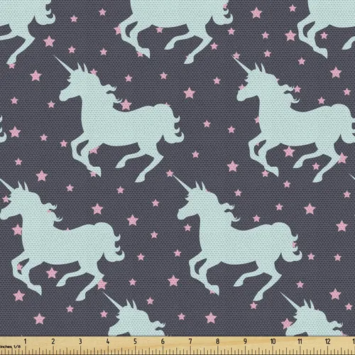 Vista 11 de Ambesonne Tela de fiesta de unicornio por The Yard, patrón de caballo mágico, nubes y estrellas, tela decorativa para tapicería y detalles del Azul