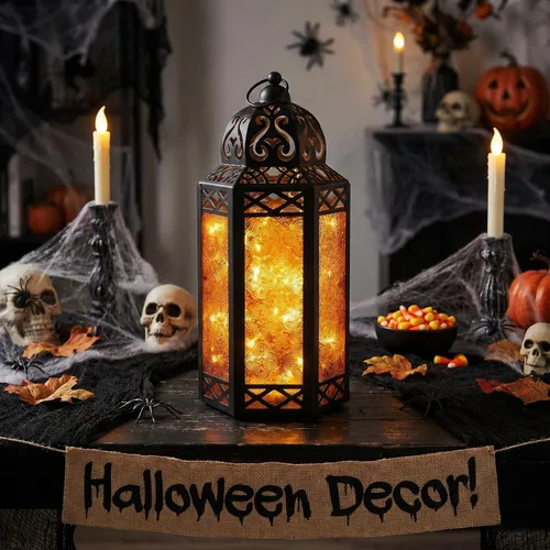 Vista 4 de VELA LANTERNS Juego de 2 portavelas decorativos de LED con luces de hadas de 12" de metal marroquí para colgar o mesa, decoración del hogar