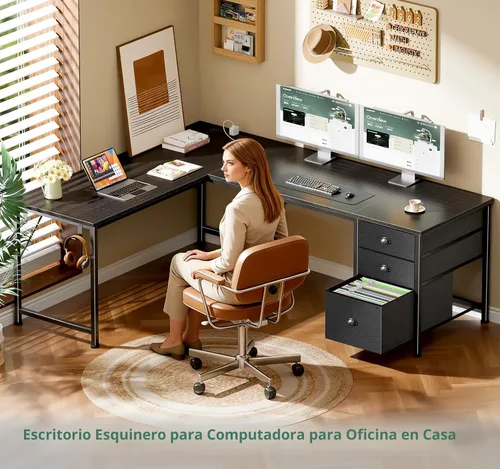 Vista 2 de Furologee 63" L Shaped Computer Desk with Power Outlet & USB-C Port, Reversible Home Office Desk with 2 Fabric Drawers, File Cabinet, Hooks, Large