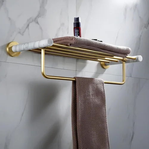 Vista 2 de Toallero para baño, espacio de luz nórdico, de aluminio, dorado, cepillado, toallero, toallero, barra de toalla de mármol natural, color y toallero