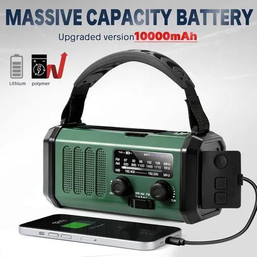 Vista 3 de Radio de emergencia con manivela de 10000 mAh, radio meteorológica NOAA con radio AM/FM y solar, batería recargable, linterna y luz de lectura