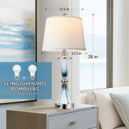 Vista 7 de Hamucd Juego de 2 lámparas de mesa táctiles regulables de 3 vías de vidrio para dormitorios con 2 puertos USB lámparas de noche costeras de playa