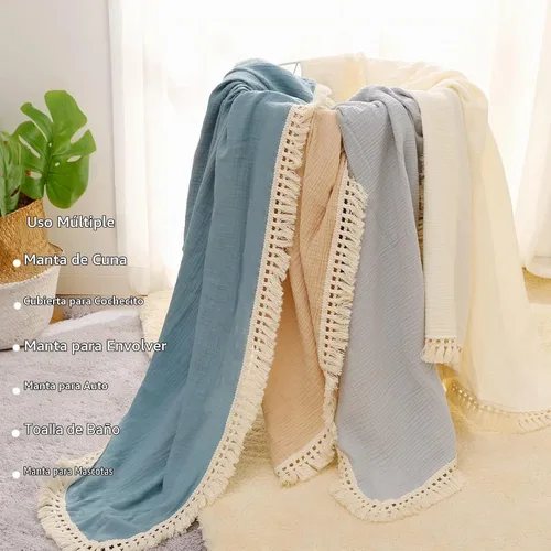 Vista 2 de Manta de muselina de algodón insular para bebé con borla, manta de muselina boho bohemia para bebé con borla, manta de recepción para bebé