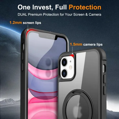 Vista 7 de Funda para iPhone 11 con soporte de anillo magnético giratorio de 360° [compatible con Mag-Safe] [Protección de grado militar] Funda translúcida