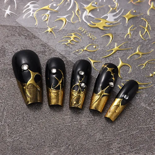 Vista 3 de Calcomanías de arte de uñas doradas, diseño de sol, luna, estrellas, línea de corazón, flores, calcomanías autoadhesivas para uñas, calcomanías