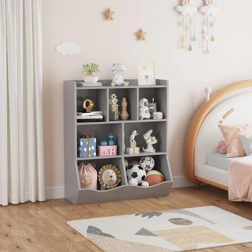 Vista 7 de Estantería infantil de tres niveles y organizador de almacenamiento de juguetes, estantería multifuncional con 5 cubos abiertos y 2 cajas inclinadas
