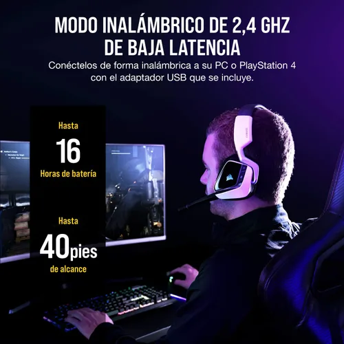 Vista 5 de Corsair Void RGB Elite - Auriculares inalámbricos para juegos, sonido envolvente 7.1, micrófono omnidireccional, almohadillas de malla