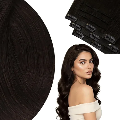 Vista 47 de Ve Sunny Extensiones de cabello clip-in de cabello humano real con reflejos, extensiones de cabello con clip para cabello corto, marrón oscuro