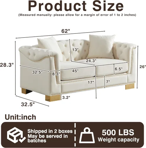 Vista 2 de Harper & Bright Designs Sofá Chesterfield de terciopelo de 62 pulgadas de dos plazas, moderno y clásico con brazo enrollado con botones y decoración