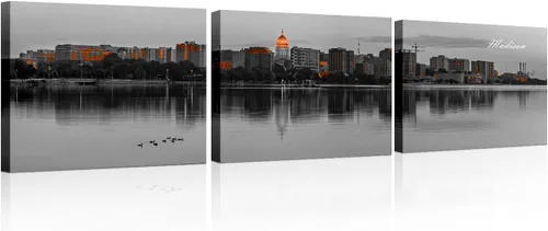 Vista 49 de 3 paneles de Atlanta Skyline vista de la ciudad en blanco y negro, imágenes panorámicas de edificio de ciudad, decoración de pared para sala