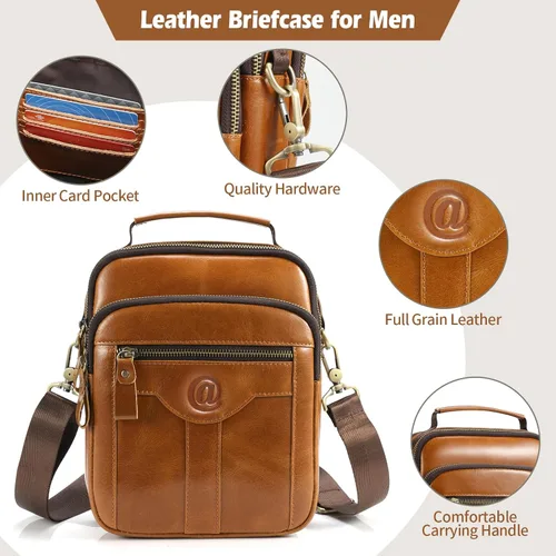 Vista 4 de Bolso de mensajero para hombre, bolso de cuero de grano completo para hombre, bolsos de hombro, bolsa cruzada para trabajo y negocios