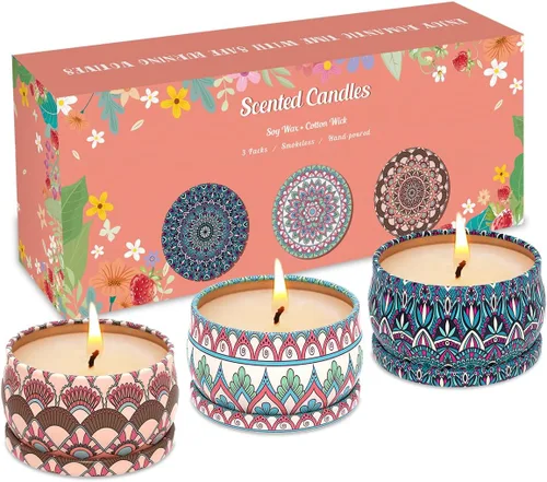 Vista 8 de Paquete de 3 velas decorativas pequeñas perfumadas, aroma fuerte de bergamota y vainilla y bayas negras de San Diego, velas de soja, no tóxicas