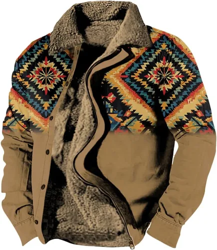 Vista 9 de LOAIHA Chaqueta de invierno para hombre, chaqueta azteca occidental para hombre, con cremallera, forro polar cálido, chaqueta vaquera, étnica vintage