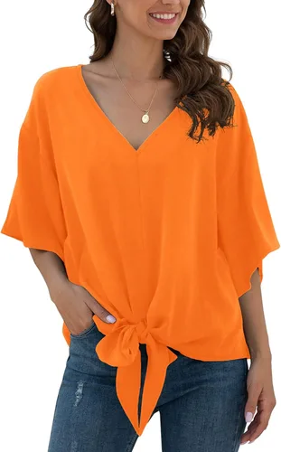 Vista 13 de VIISHOW Womens Tie Front Chiffon Blouses V Neck Batwing Short Sleeve Summer Tops Shirts Albaricoque