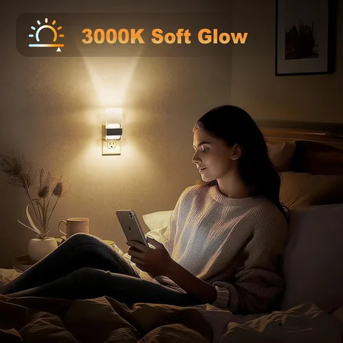 Vista 5 de JandCase Luces nocturnas enchufables a la pared, sensor de atardecer a amanecer, LED blanco suave de 3000 K, diseño acrílico, brillo ajustable de 0