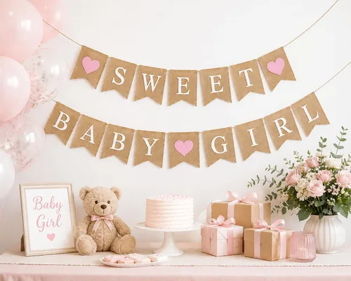 Vista 3 de Cartel de arpillera "Sweet Baby Girl" – Rústico "Dulce" y "Baby Girl" en banderas de arpillera natural (aprox. 5 x 7 pulgadas) Decoración de fiesta