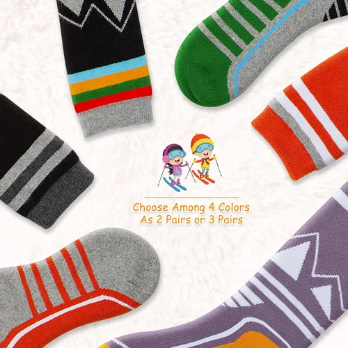 Vista 4 de Calcetines de esquí para niños, 2 pares3 pares, cálidos y gruesos, calcetines de nieve OTC para niños y niñas, esquí de invierno y snowboard, Verde