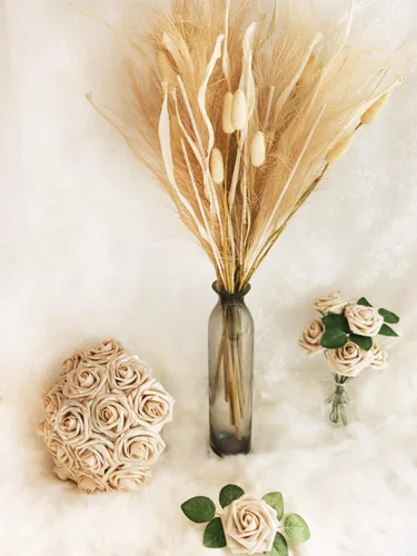 Vista 5 de D-Seven Flores artificiales, 25 rosas de espuma de oro champán con tallo para ramo de boda, telón de fondo de fiesta al aire libre, centros de mesa