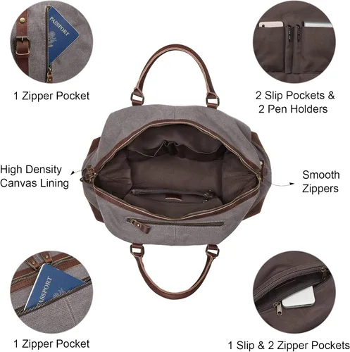 Vista 23 de S-ZONE - Bolsa de viaje de lona sobredimensionada con adornos de cuero genuino, bolsa deportiva de hombro de fin de semana, bolso de fin de semana