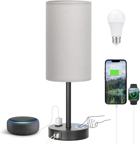Vista 8 de Fenmzee Juego de lámparas de mesa pequeñas táctiles regulables de 2 a 3 vías, carga USB A + C, salida de CA, base de grano de madera, bombillas