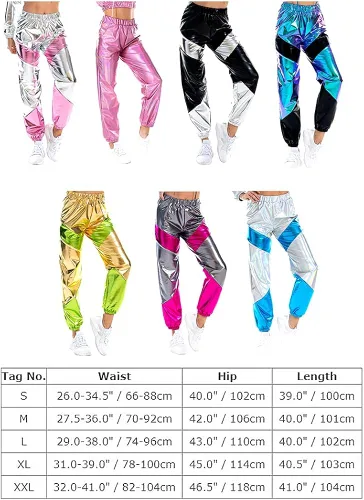 Vista 7 de IDOPIP Pantalones deportivos metálicos brillantes para mujer con bloques de color holográficos cintura alta reflectantes para Halloween disfraz sexy