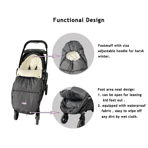 Vista 4 de Saco impermeable para cochecito de invierno, bolsa universal compatible con todos los cochecitos, relleno de algodón 3D para cochecito de niño Beige