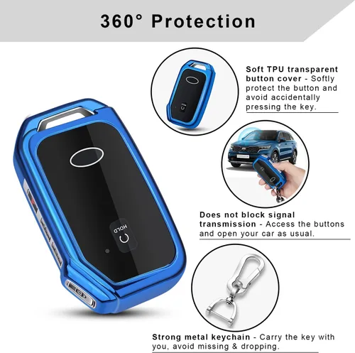 Vista 4 de QBUC Funda para llavero KIA, funda para llavero con llavero para Kia Ceed Cerato Forte, etc. (1 botón o no solo en la superficie frontal) (azul)