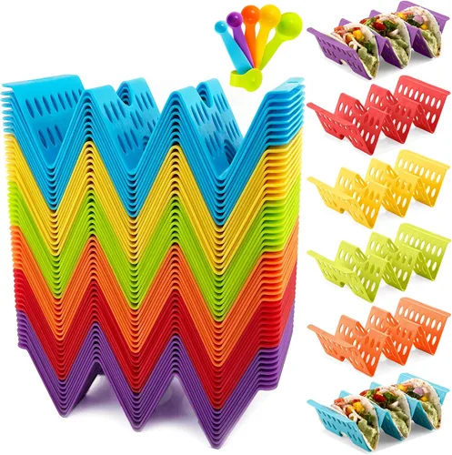Vista 9 de Juego de 12 soportes para tacos, juego de servicio de barra de tacos para una fiesta, bandejas grandes para tacos, soporte para tacos duros