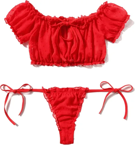 Vista 6 de Avidlove - Conjunto de brasier y braga con volantes, conjunto de lencería tipo babydoll de malla