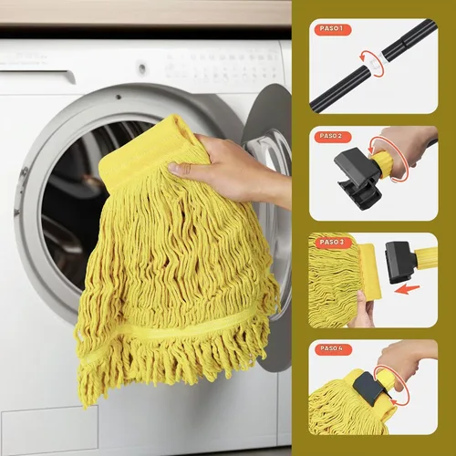Vista 6 de JEHONN Trapeador comercial industrial resistente con mango de 57.5 pulgadas de largo, trapeador profesional de algodón húmedo seco para limpiar