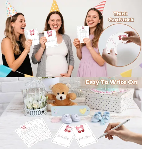 Vista 3 de Cherry Baby Shower - Juego de bingo para 30 invitados con tarjetas de juego, revelación de género, suministros y decoraciones para baby shower (DV35)