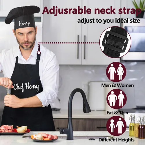 Vista 4 de Ulico Delantal de chef personalizado con nombre bordado, delantales personalizados para hombres y mujeres, delantal personalizado, sombrero
