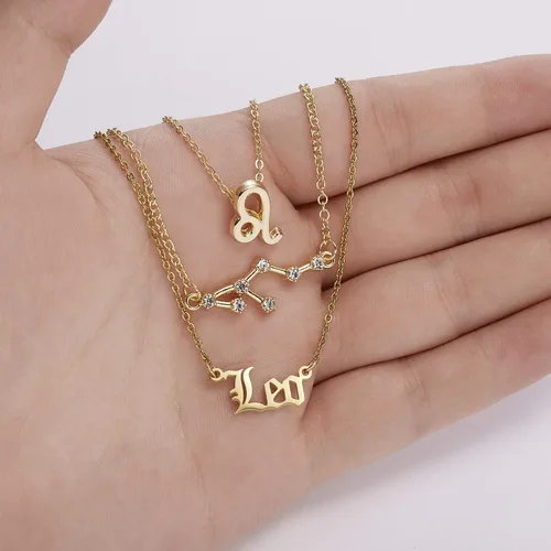 Vista 3 de Juego de 3 collares del zodiaco con colgante de signo de constelación, collar de astrología, regalo de cumpleaños para mujeres y niñas, Metal