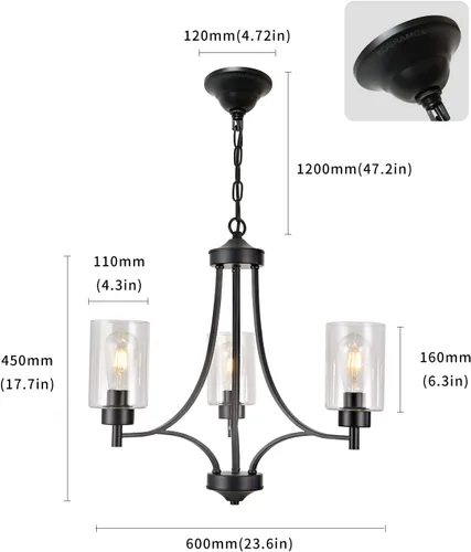 Vista 3 de BOZO Candelabro negro de 3 luces para comedor sobre mesa, lámpara de entrada para vestíbulo, accesorios de iluminación de pasillo con pantalla