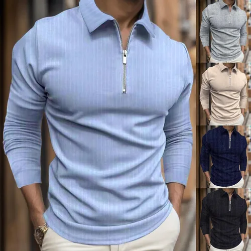 Vista 3 de Mens Long Sleeve Polo Shirts Casual Zipper Printed Athletic Golf Tennis T-Shirt Tops Fashion Solid Color Polo Sweater