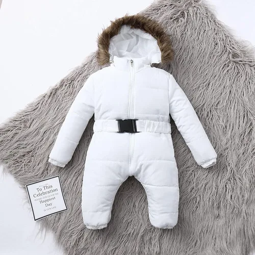 Vista 3 de Abrigo de abrigo cálido para bebé, chaqueta de nieve para niñas, overol con capucha para niñas (blanco, 6-9 meses)
