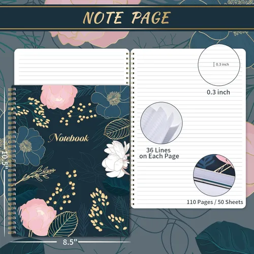 Vista 3 de Cuaderno rayado - Diario rayado, 8.5 x 10.5 pulgadas, cuaderno en espiral con 110 páginas (55 hojas), papel grueso, bolsillo trasero, perfecto