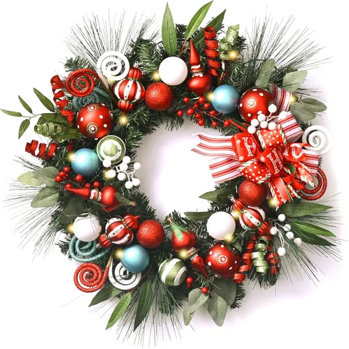 Vista 8 de Valery Madelyn 24" Pre-Lit Large Christmas Wreath for Front Door with Light Corona de Navidad plegable iluminada para exteriores con bolas de Oro