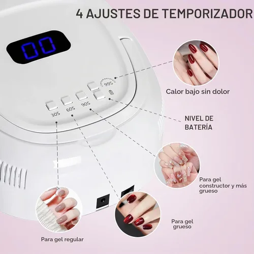 Vista 3 de Lámpara de uñas LED UV inalámbrica, secadora de uñas recargable de 60 W, luz de curado de esmalte de uñas para manicura con sensor automático y 4