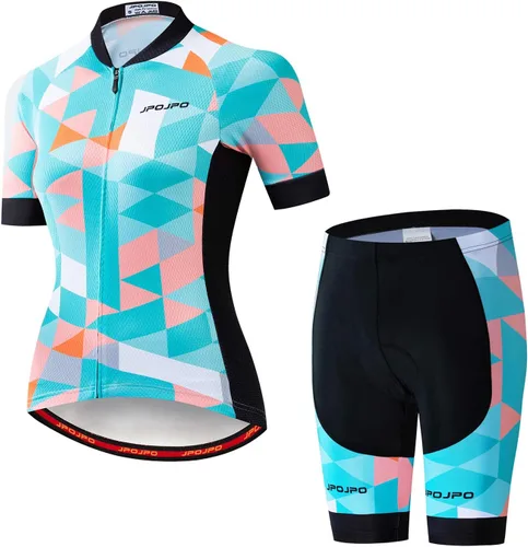 Vista 68 de Camiseta de ciclismo para mujer, manga corta y pantalones cortos de ciclismo acolchados para verano