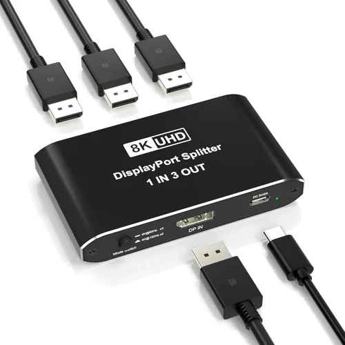 Vista 9 de Displayport Splitter 1 en 3 salidas, 8K @60Hz, 4K @120Hz, Resolución DP 1.4 DisplayPort Switcher Box, soporte DSC, conmutador de puerto de pantalla