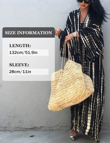 Vista 4 de Cárdigan largo tipo kimono con cinturón para mujer, con parte delantera abierta, teñido anudado