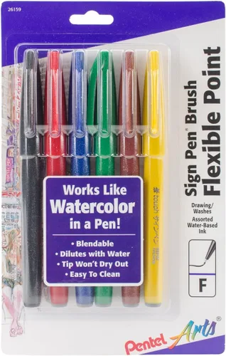 Vista 6 de Pentel Arts Sign Pen Touch, punta de pincel Fude, colores de moda, paquete de 6 (SES15CBP6M1)